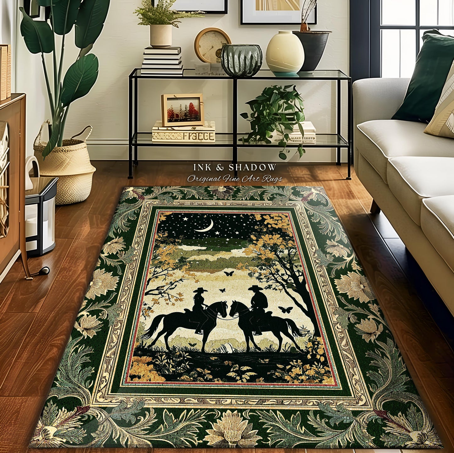 Western Aesthetic Area Rug | Celestial Cowboy & Cowgirl Rustic Farmhouse Decor Western Theme Horse Lover Ethereal Bohemian Living Room Cute