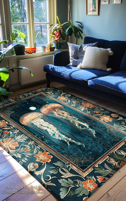 Deep Sea Wonders Jellyfish Rug | Floral Botanical Ocean Lover Rug Deep Blue Ethereal Coastal Decor Enchanted Nursery Theme Magical Creatures