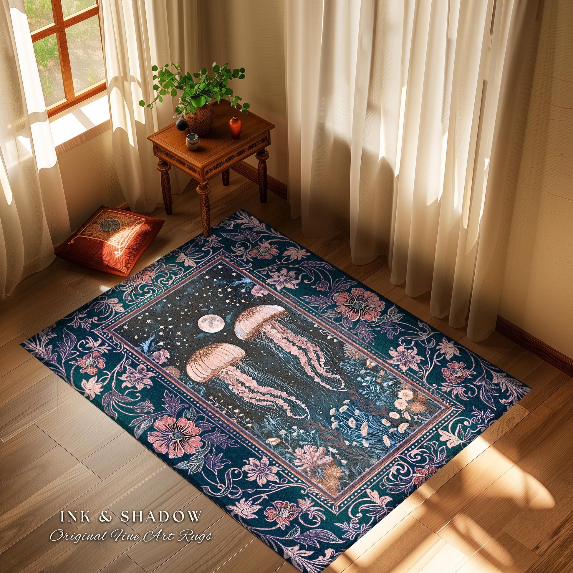 Victorian Gothic Jellyfish Underwater Sea Scene Rug Celestial Costal Cottagecore Enchanted Whimsigothic Art Vintage Purple Dark Floral Decor