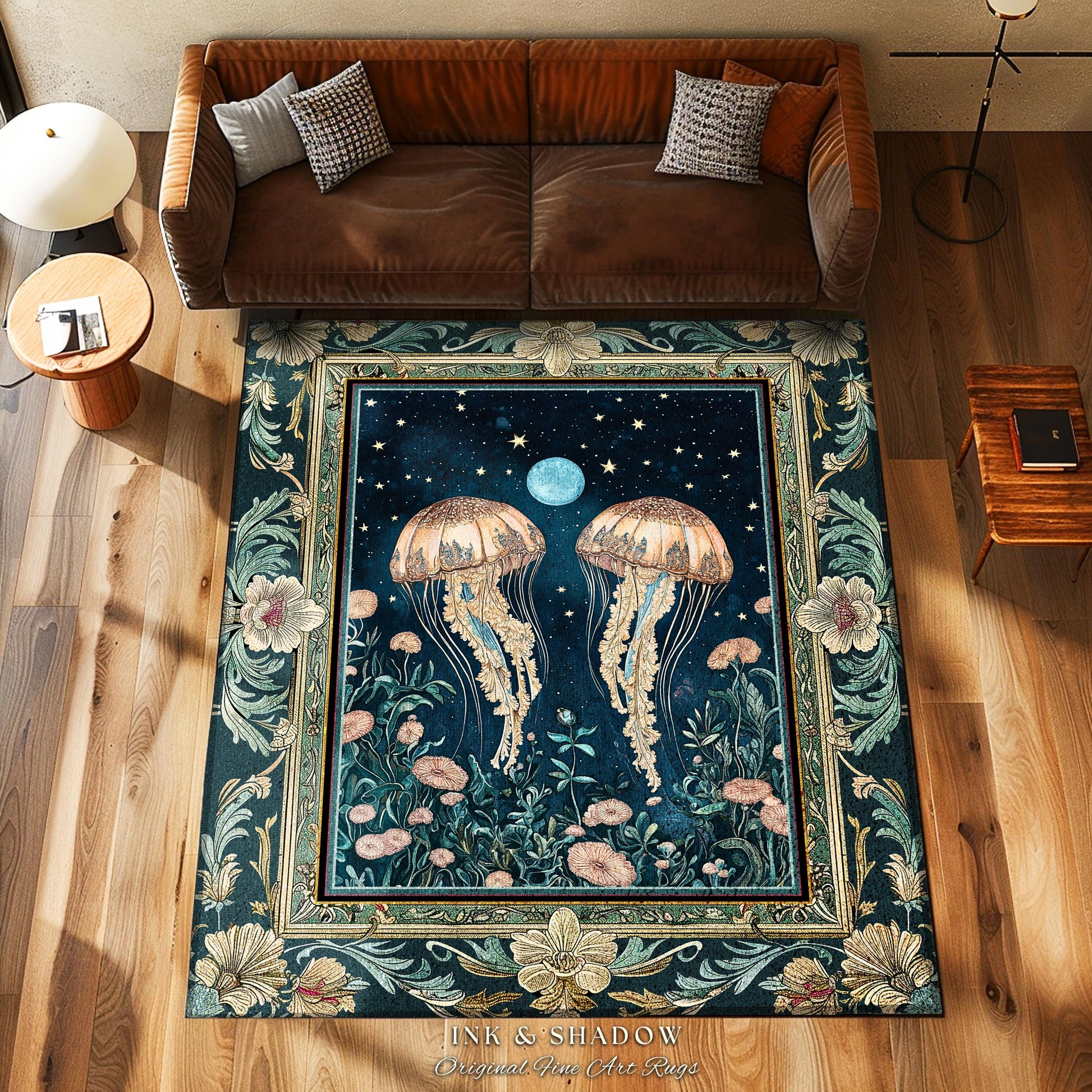 Enchanted Jellyfish Rug Midnight Blue Celestial Floral Coastal Cottagecore, Art Nouveau Marine Fairycore Moonlit Mystical Underwater Decor