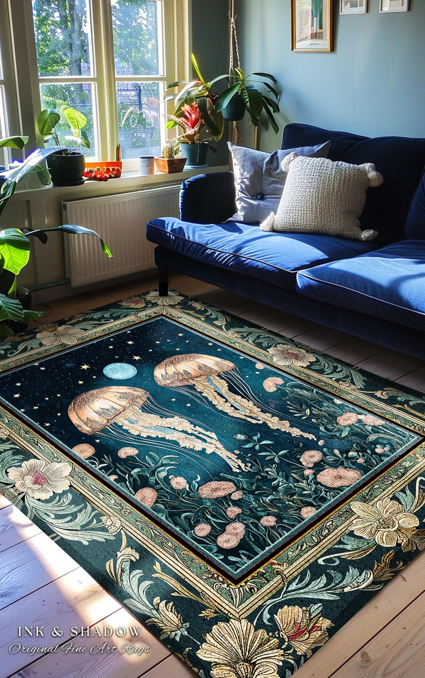 Enchanted Jellyfish Rug Midnight Blue Celestial Floral Coastal Cottagecore, Art Nouveau Marine Fairycore Moonlit Mystical Underwater Decor