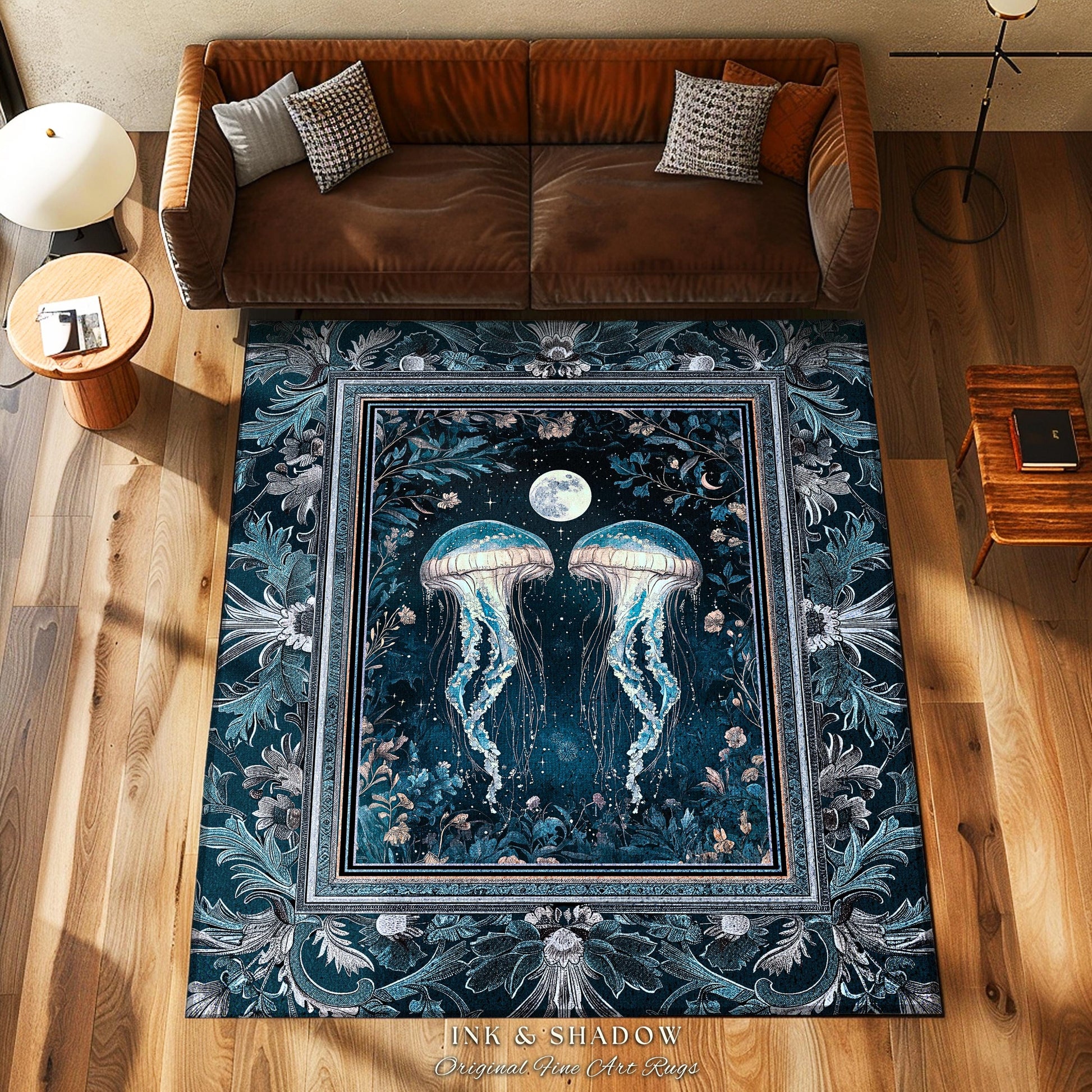 Lunar Ocean Jellyfish Rug Deep Blue Ethereal Coastal Decor, Enchanted Art Nouveau Cottagecore Marine Scene Moonlight Nautical Underwater Rug