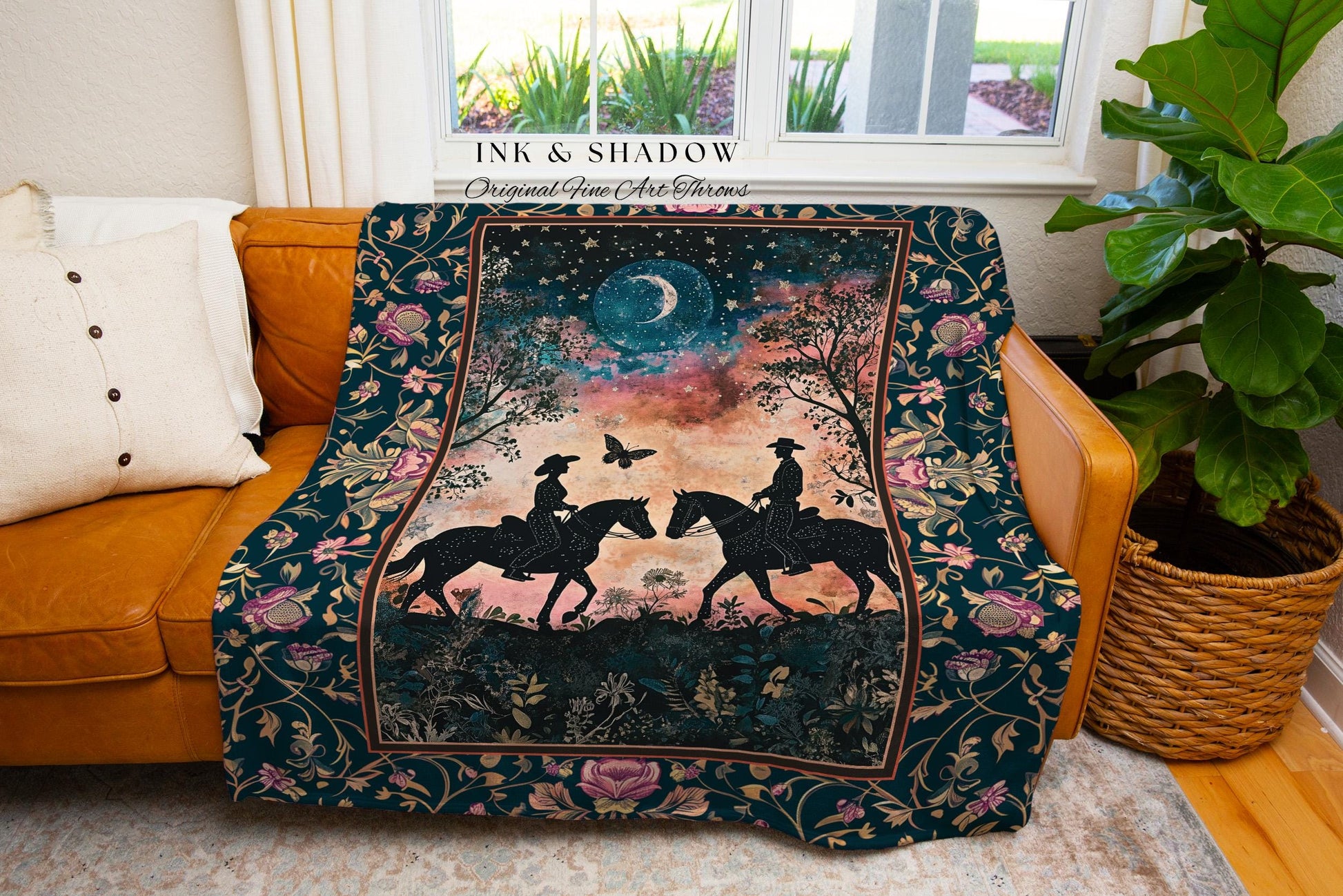 Moody Western Lovers Woven Blanket | Starry Night Moonlit Western Celestial Silhouettes Cowgirl Cowboy Ethereal Farmhouse Decor Mystic Cute