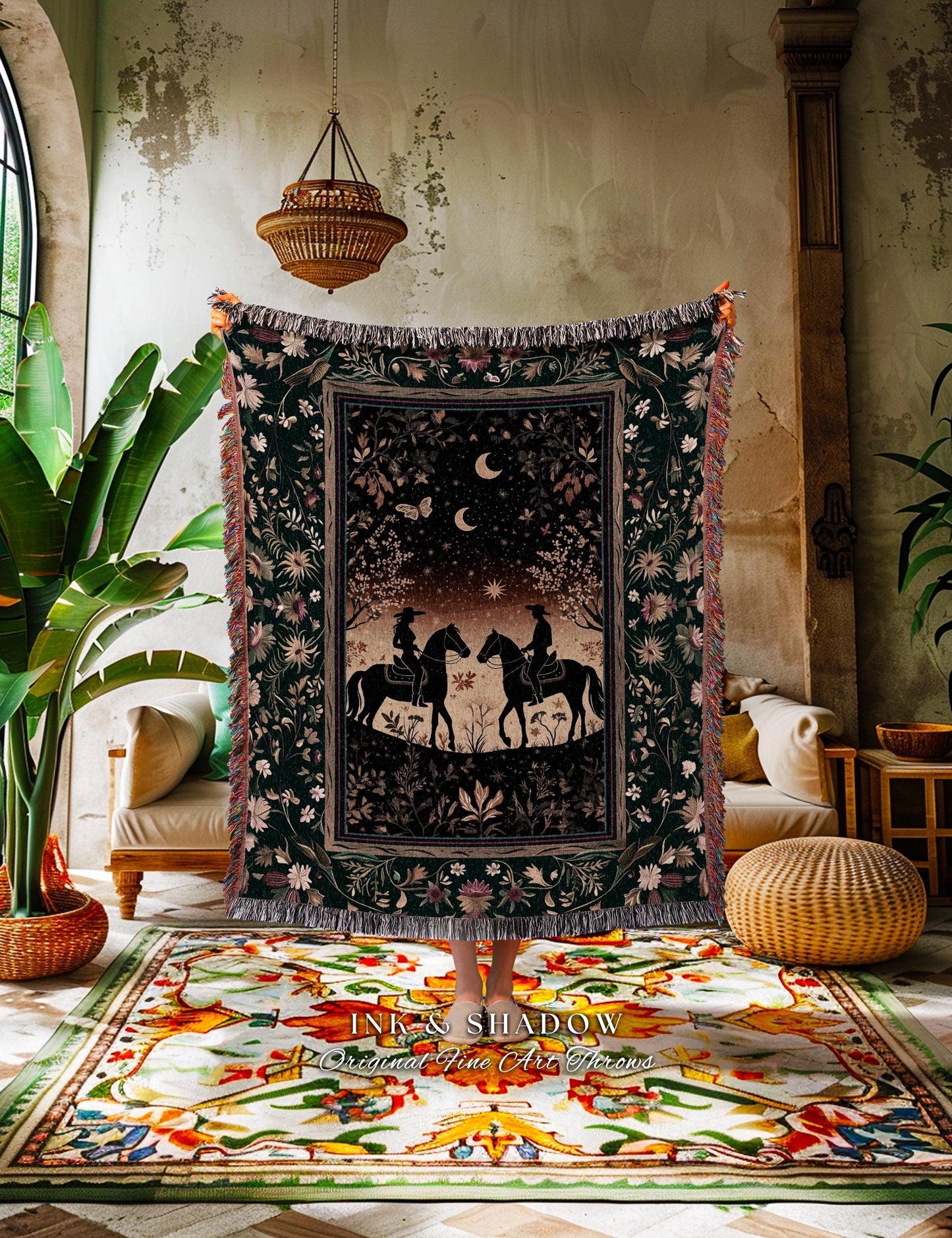 Celestial Rustic Western Woven Tapestry | Ethereal Moonlit Western Trendy Cowgirl Cowboy Ethereal Farmhouse Decor Horse Lover Country Lovers