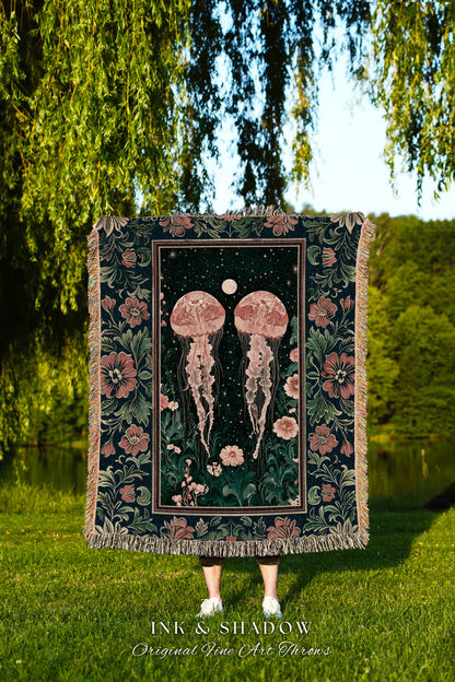 Victorian Botanical Jellyfish Blanket | Dark Academia Celestial Cottagecore Enchanted Whimsigothic Vintage Floral Woven Tapestry Nautical |