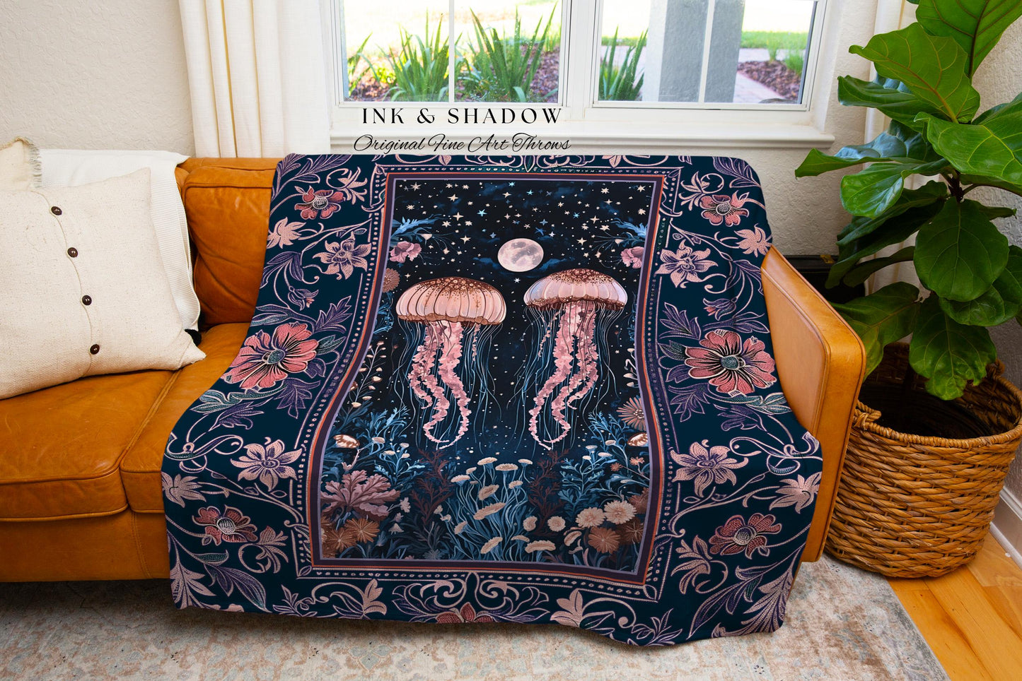 Victorian Gothic Jellyfish Underwater Sea Scene Tapestry Celestial Costal Cottagecore Enchanted Whimsigothic Purple Floral Woven Blanket |