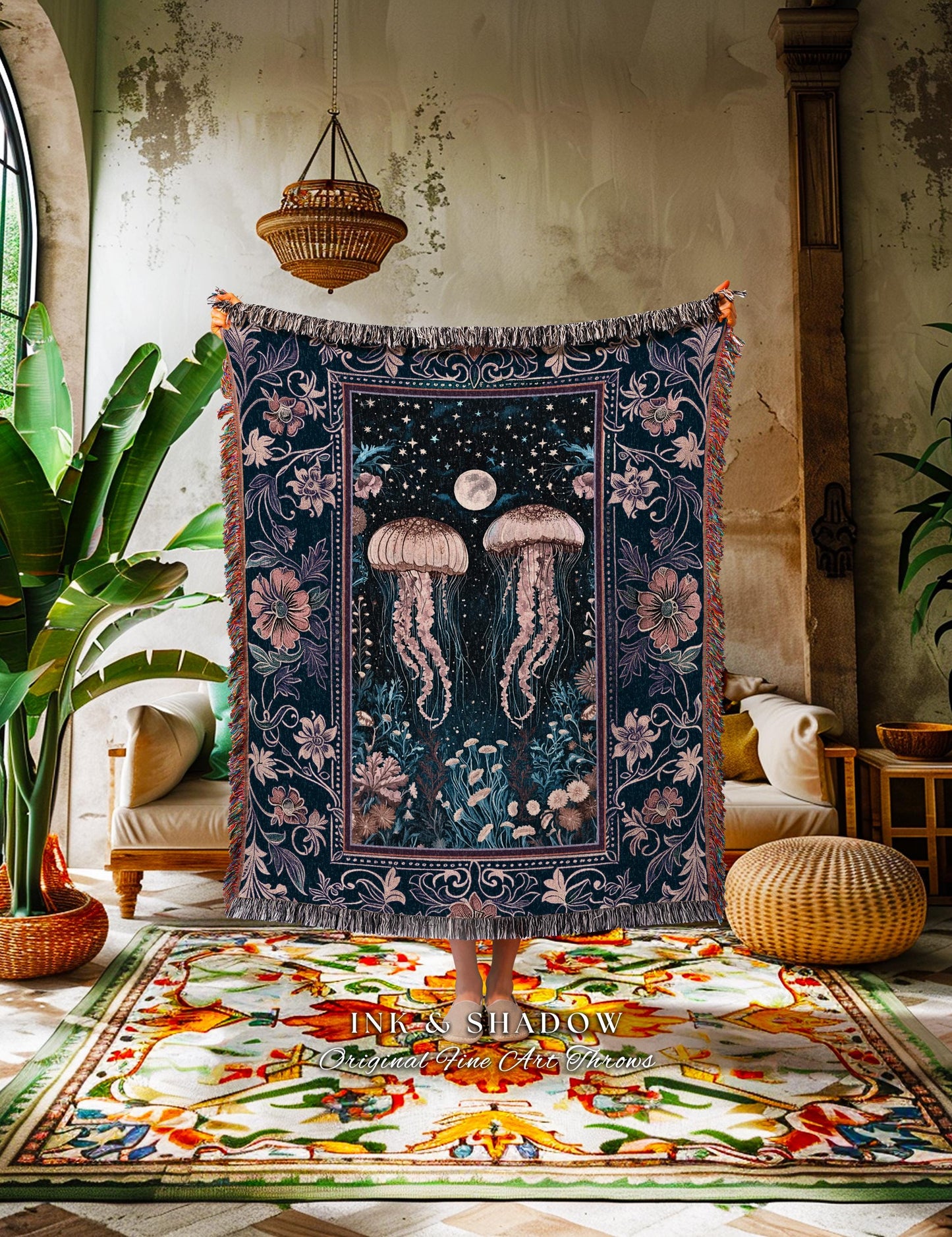 Victorian Gothic Jellyfish Underwater Sea Scene Tapestry Celestial Costal Cottagecore Enchanted Whimsigothic Purple Floral Woven Blanket |