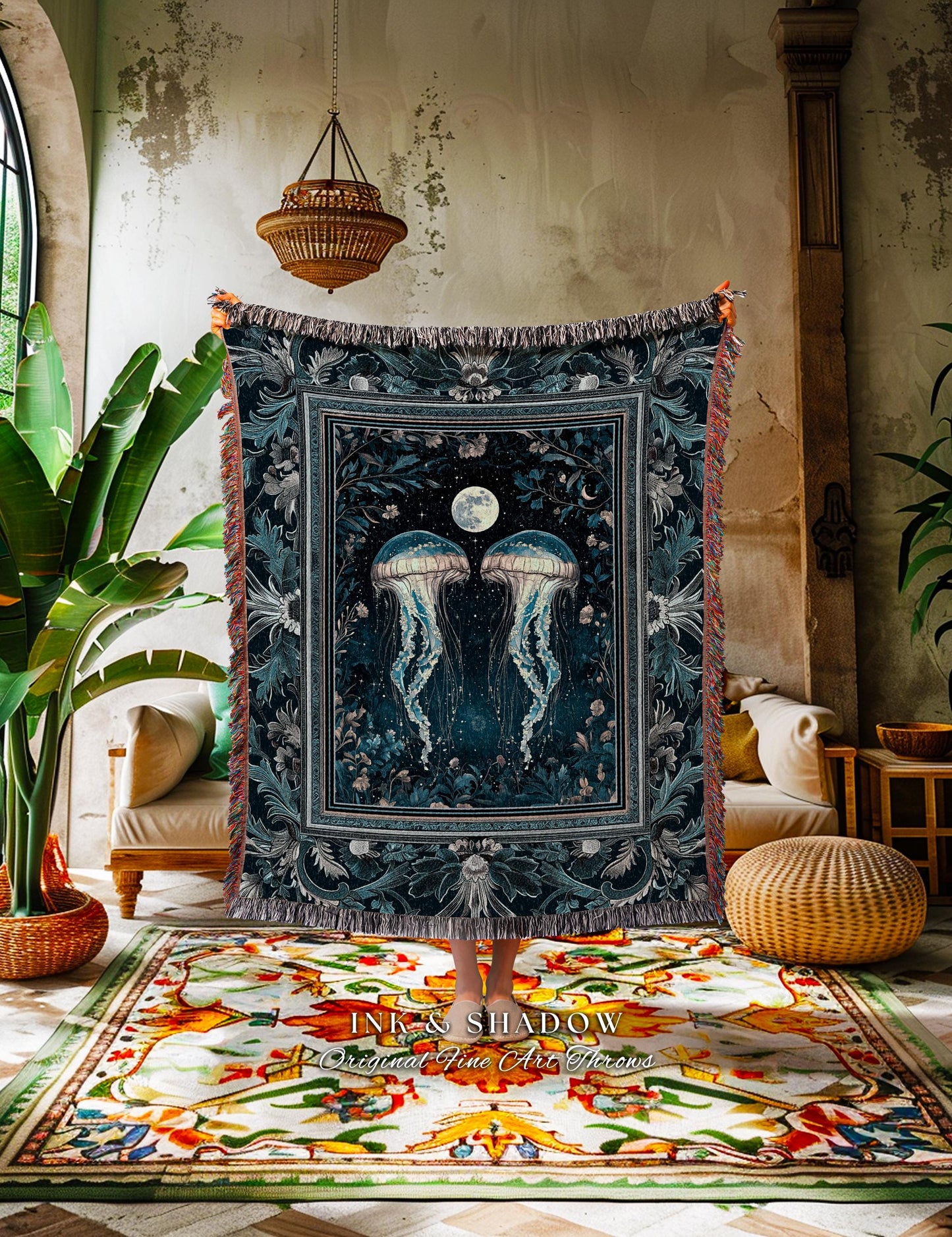 Lunar Ocean Jellyfish Tapestry Deep Blue Ethereal Coastal Decor, Enchanted Art Nouveau Cottagecore Marine Scene Nautical Woven Throw Blanket