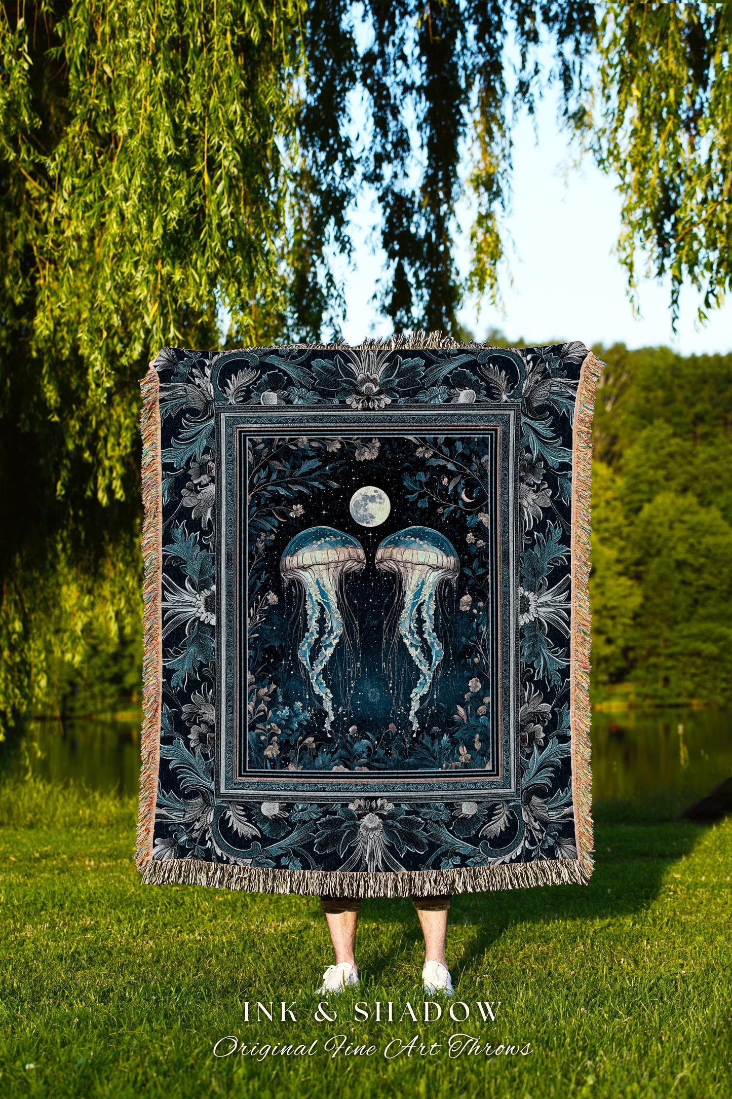 Lunar Ocean Jellyfish Tapestry Deep Blue Ethereal Coastal Decor, Enchanted Art Nouveau Cottagecore Marine Scene Nautical Woven Throw Blanket