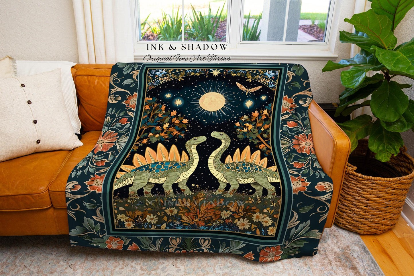 Whimsical Forestcore Mystical Dinosaur Tapestry Throw Starry Night Enchanted Woodland Decor, Magic Celestial Cottagecore Stegosaurus Blanket