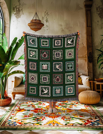 Eclectic Emerald Green Judaica Heritage Tapestry Throw Jewish Holiday Decor Whimsical Patchwork Blanket Festive Hanukah Isreal Folk Art Gift