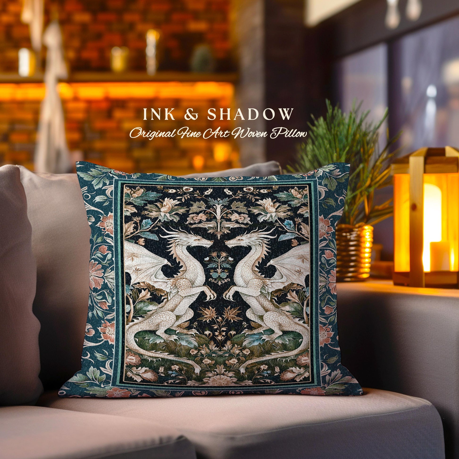 Antique Victorian Gothic Aesthetic Dragon Art Nouveau Pillow, Whimsigoth Bedroom Fantasy Medieval Folklore Mythical Forest Tapestry Cushion