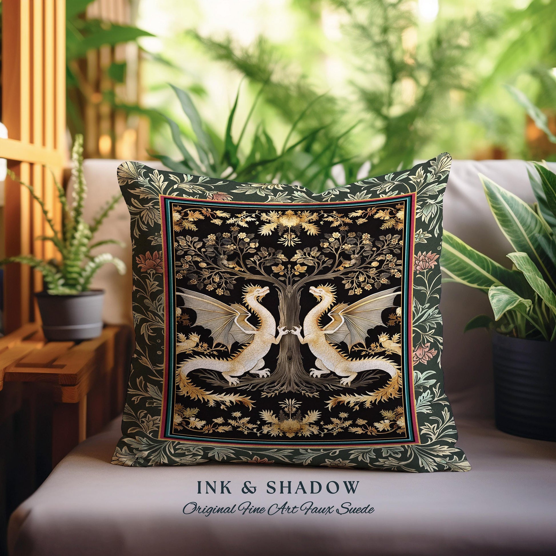 Mystical Forest Dragons Pillow Ornate Medieval Woodland Gothic Cottagecore Decor, Folklore Inspired Whimsigothic Botanical Tapestry Cushion