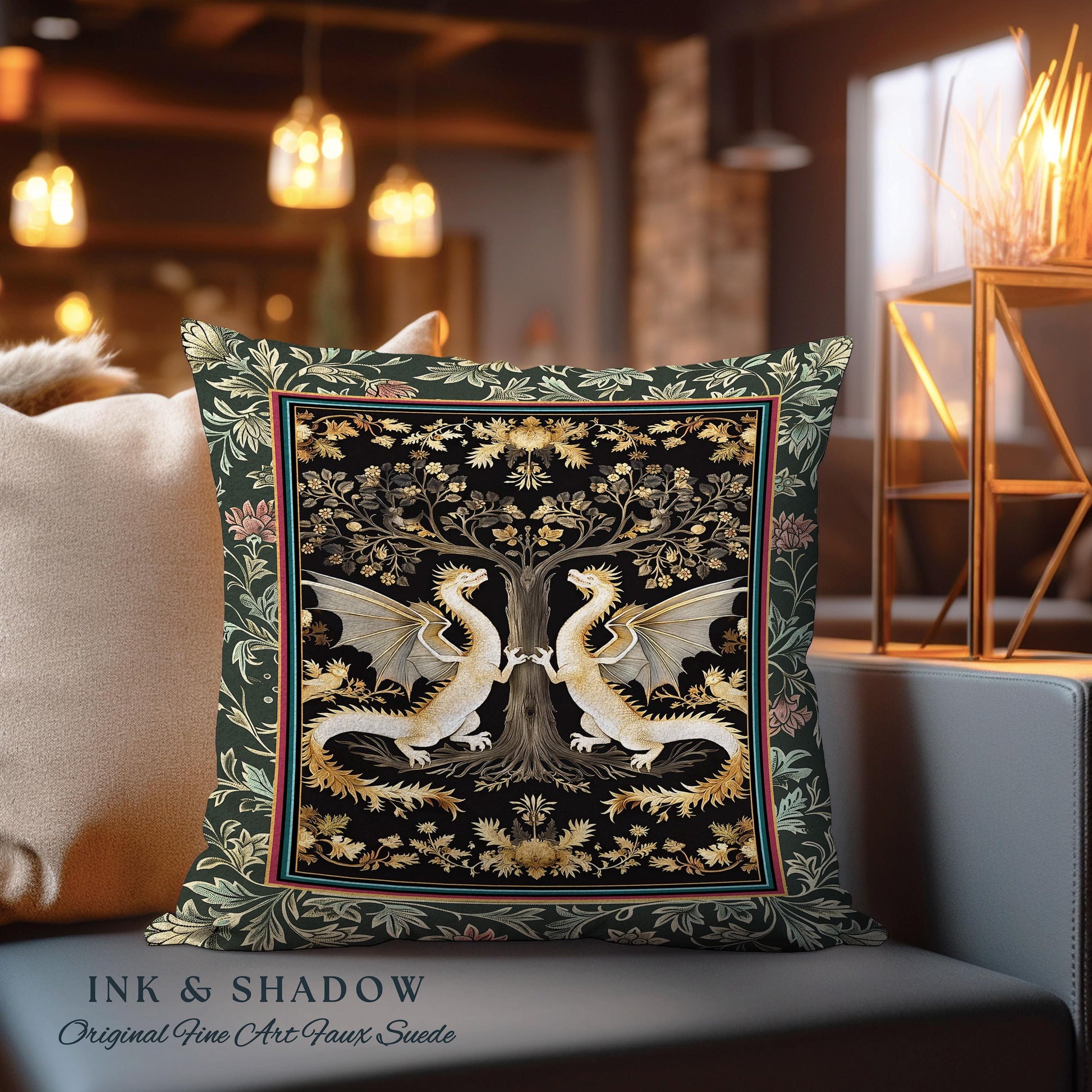 Mystical Forest Dragons Pillow Ornate Medieval Woodland Gothic Cottagecore Decor, Folklore Inspired Whimsigothic Botanical Tapestry Cushion