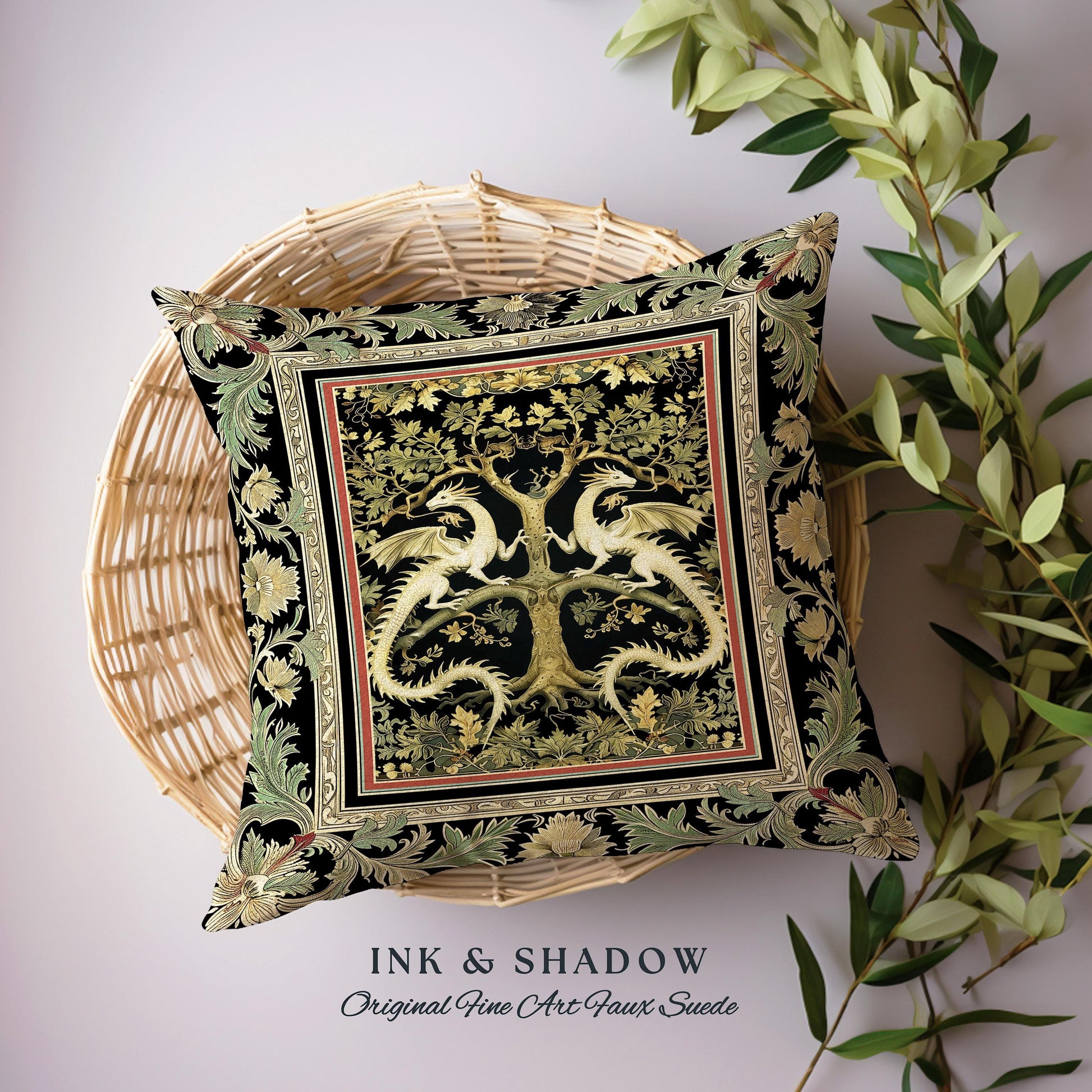 Mythical Dragon Light Academia Tree of Life Pillow Enchanted Woodland Cottagecore Botanical Grunge Fairycore Fantasy Forest Tapestry Cushion