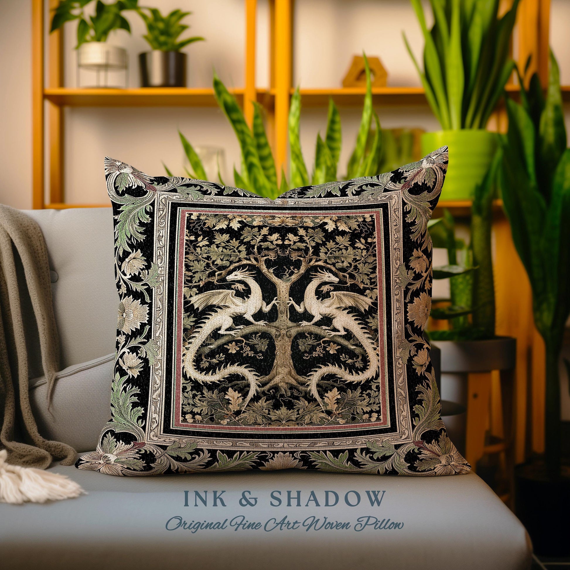 Mythical Dragon Light Academia Tree of Life Pillow Enchanted Woodland Cottagecore Botanical Grunge Fairycore Fantasy Forest Tapestry Cushion