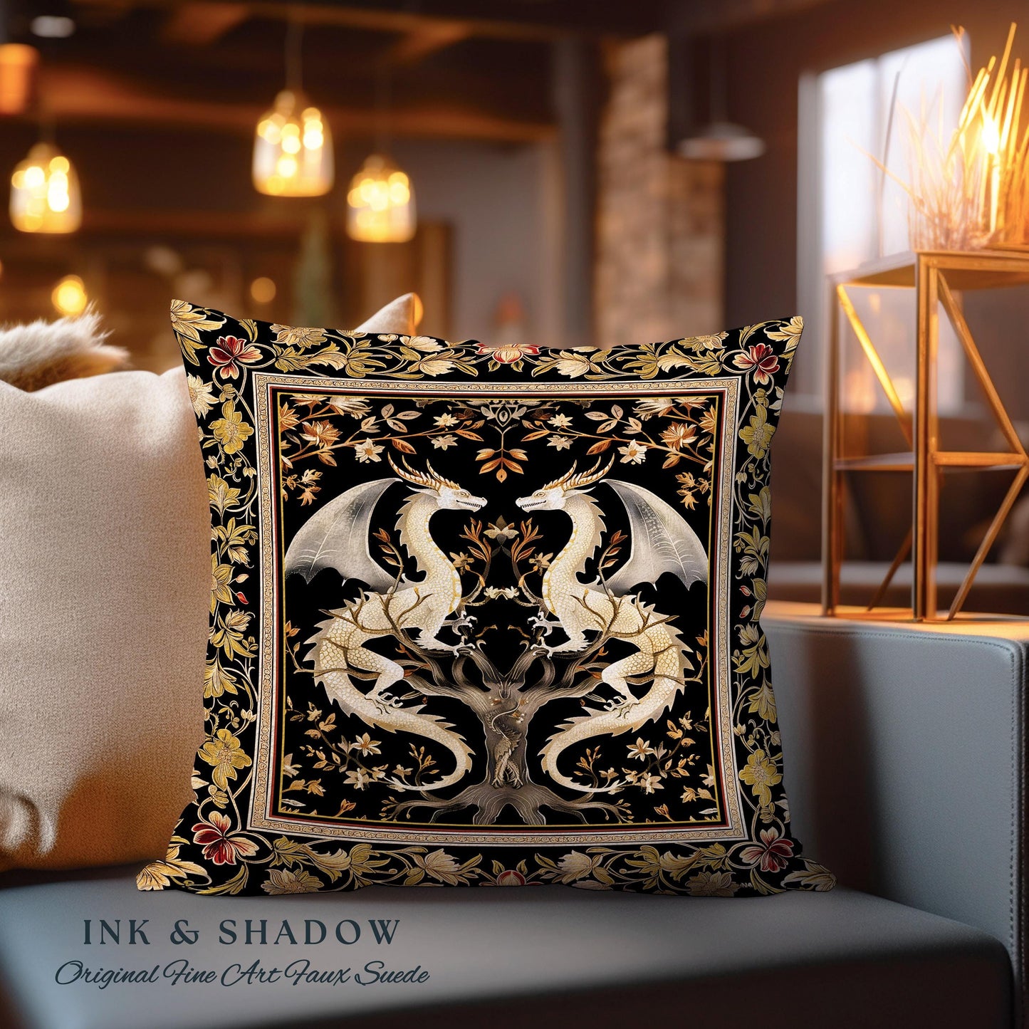 Ethereal Dragon Lover Pillow Magical Fantasy Gothic Decor | Enchanted Artful Gift Fairytale Dragon Art Deco Dark Academia Tapestry Cushion