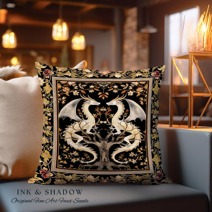 Ethereal Dragon Lover Pillow Magical Fantasy Gothic Decor | Enchanted Artful Gift Fairytale Dragon Art Deco Dark Academia Tapestry Cushion