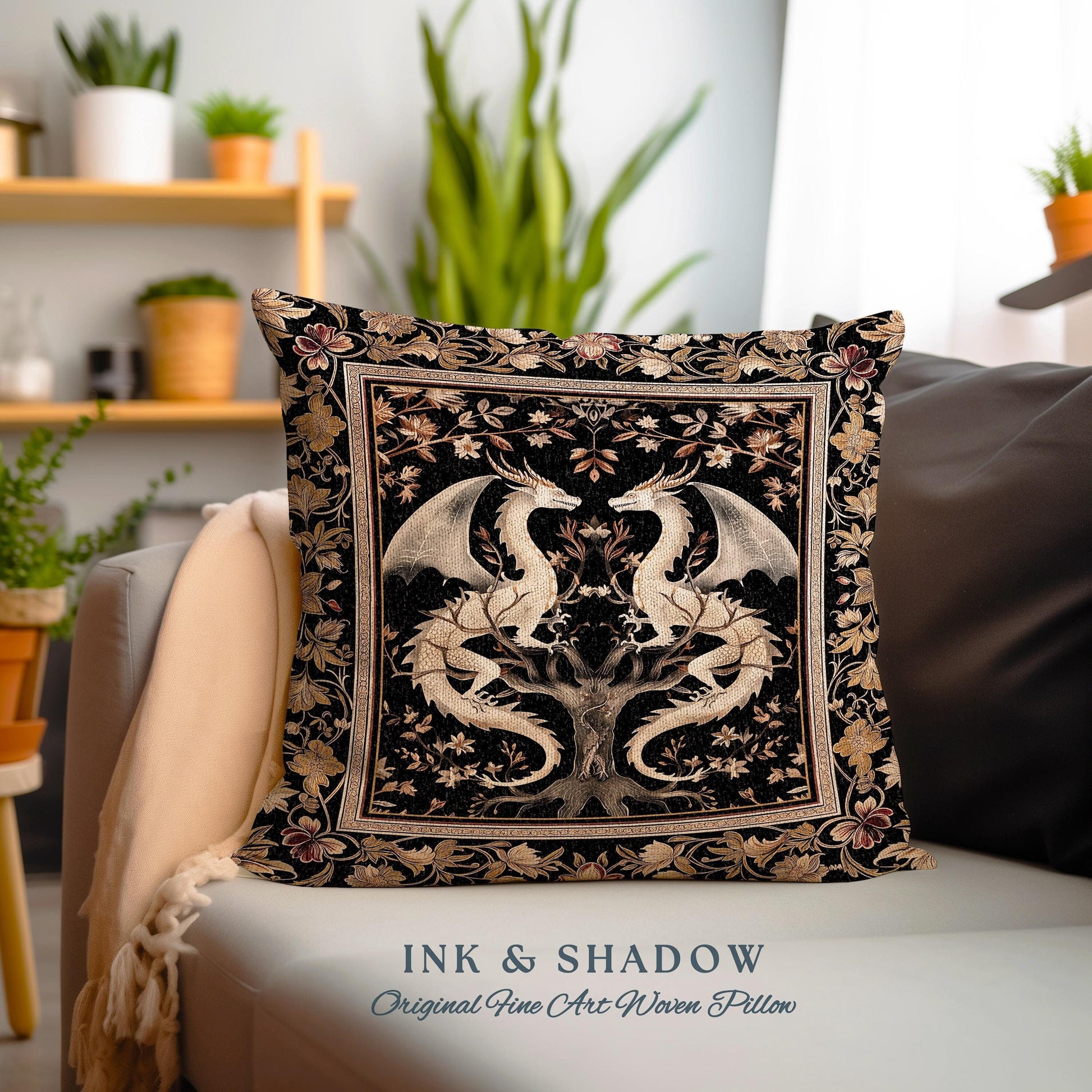 Ethereal Dragon Lover Pillow Magical Fantasy Gothic Decor | Enchanted Artful Gift Fairytale Dragon Art Deco Dark Academia Tapestry Cushion