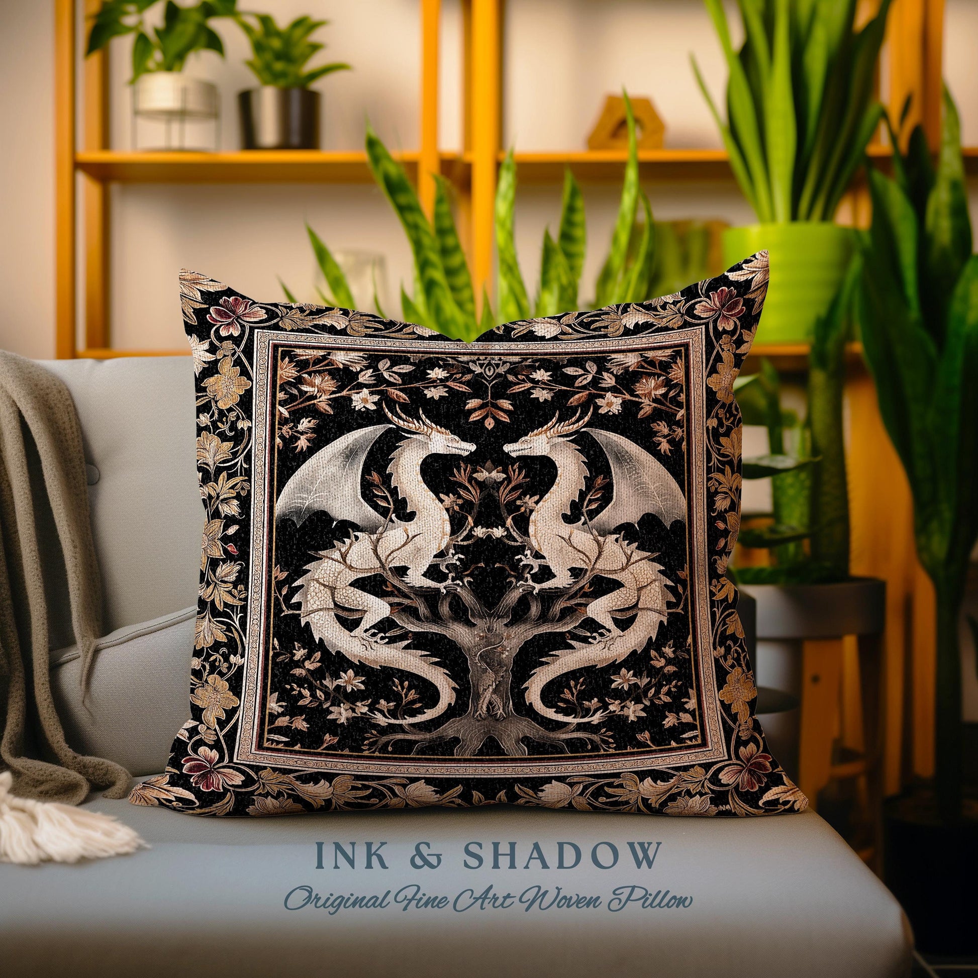 Ethereal Dragon Lover Pillow Magical Fantasy Gothic Decor | Enchanted Artful Gift Fairytale Dragon Art Deco Dark Academia Tapestry Cushion