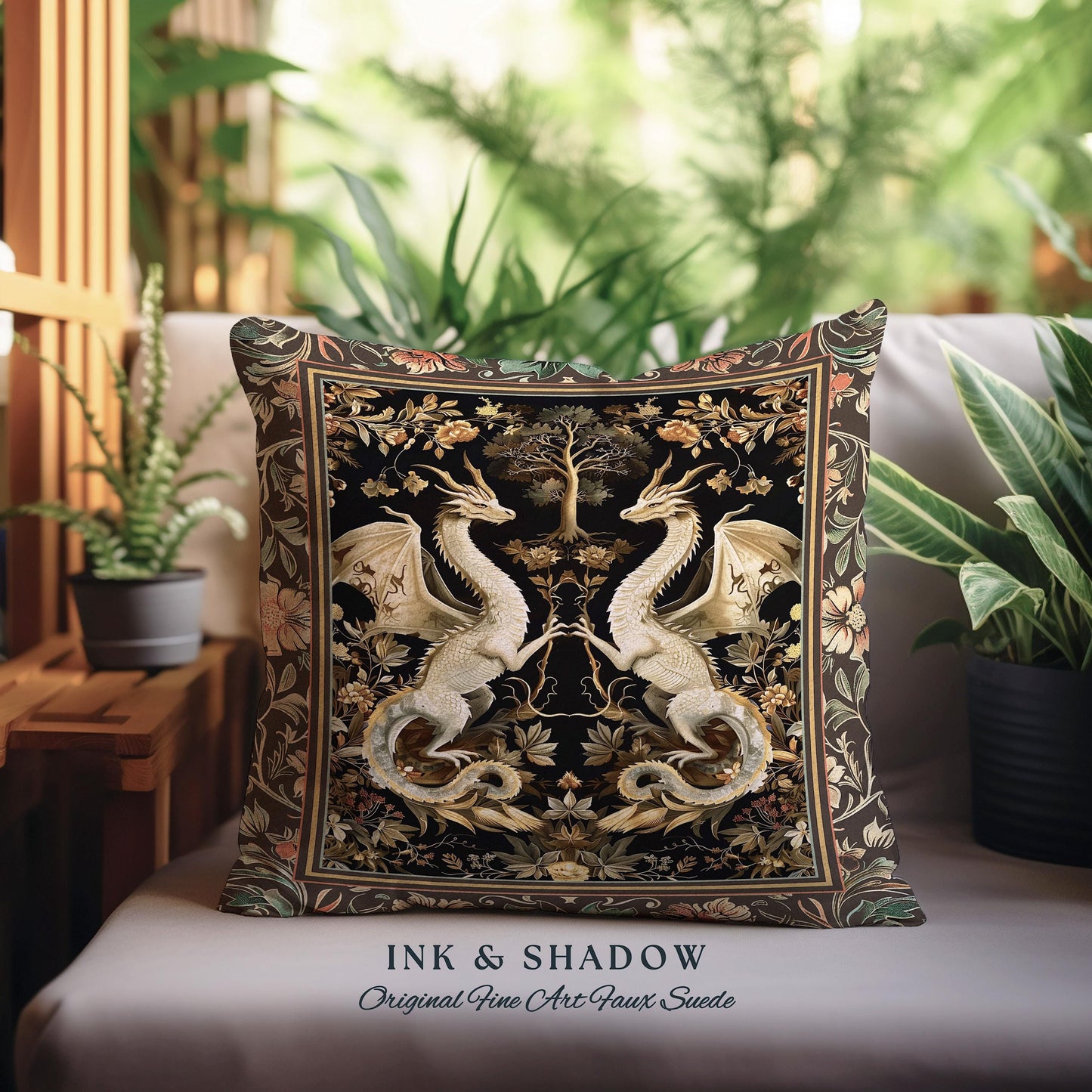 Fantasy Inspired Dragon Pillow Victorian Gothic Decor, Enchanted Medieval Light Academia Whimsigothic Art Fantasy Mystic Tapestry Cushion