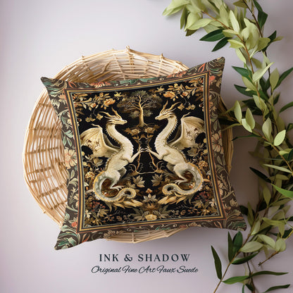 Fantasy Inspired Dragon Pillow Victorian Gothic Decor, Enchanted Medieval Light Academia Whimsigothic Art Fantasy Mystic Tapestry Cushion