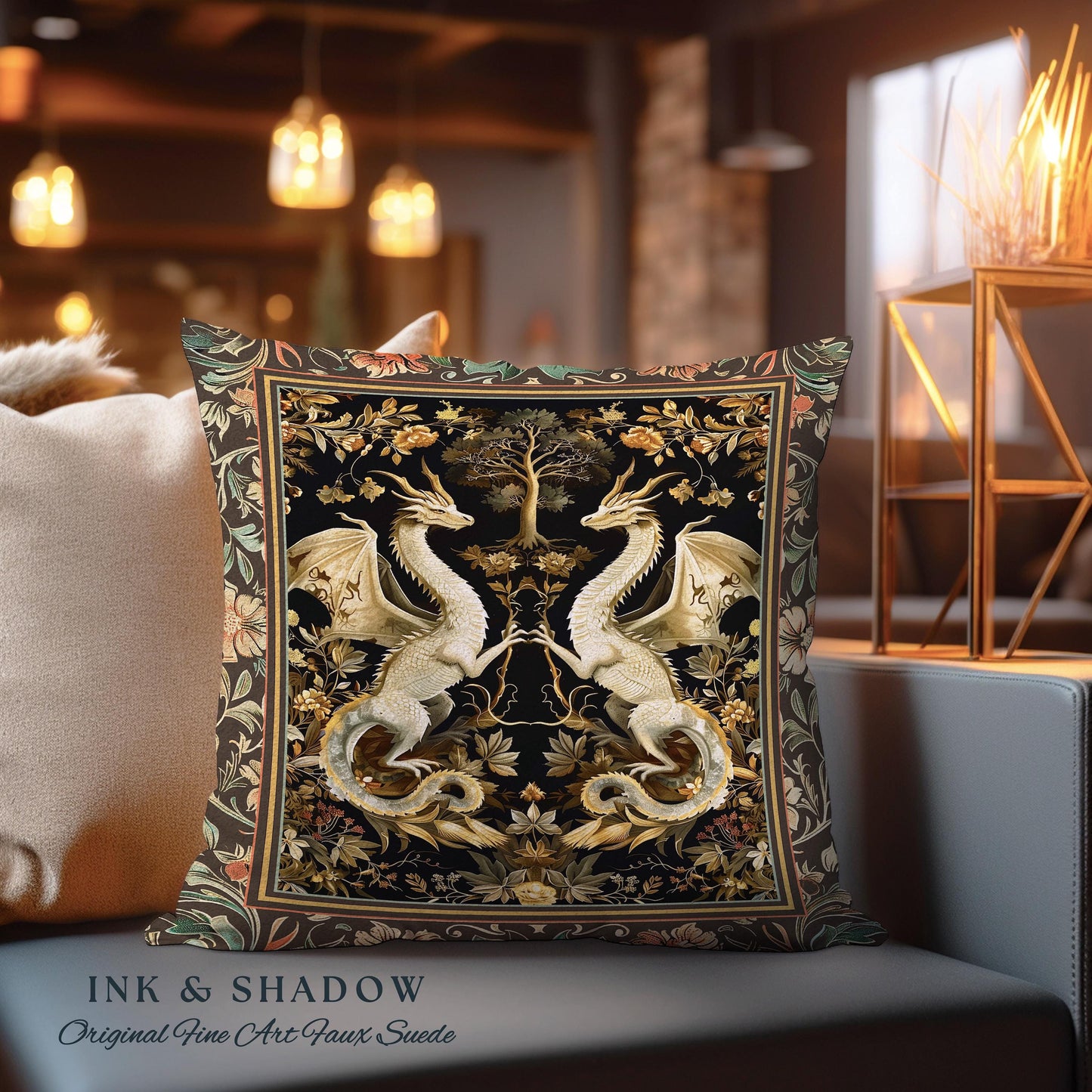 Fantasy Inspired Dragon Pillow Victorian Gothic Decor, Enchanted Medieval Light Academia Whimsigothic Art Fantasy Mystic Tapestry Cushion