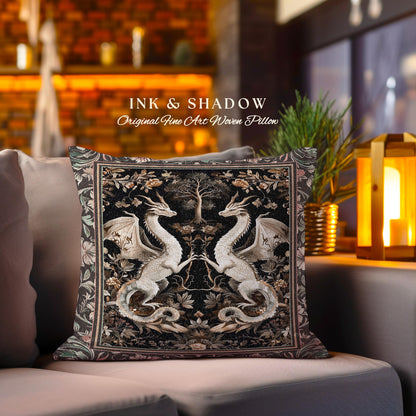 Fantasy Inspired Dragon Pillow Victorian Gothic Decor, Enchanted Medieval Light Academia Whimsigothic Art Fantasy Mystic Tapestry Cushion