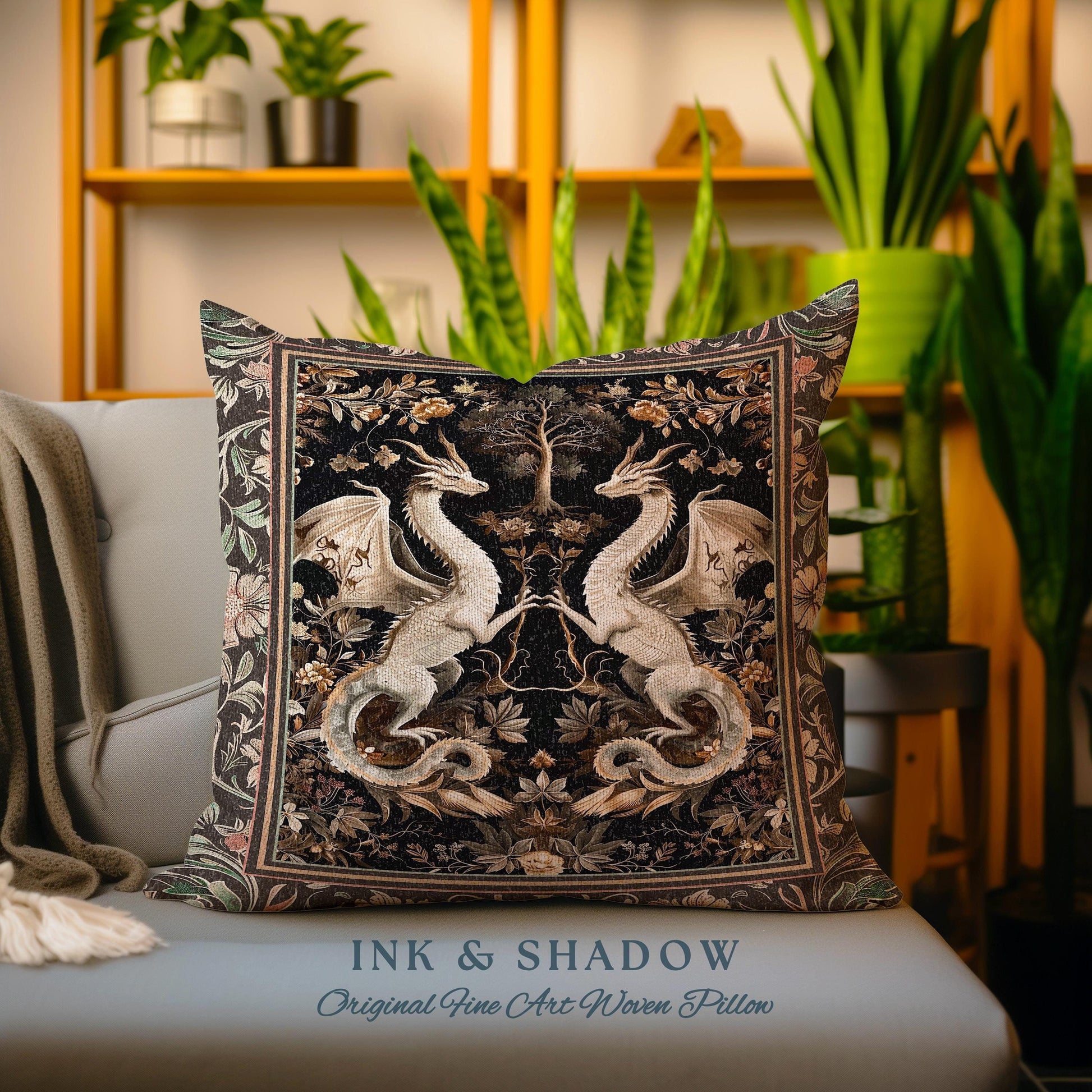 Fantasy Inspired Dragon Pillow Victorian Gothic Decor, Enchanted Medieval Light Academia Whimsigothic Art Fantasy Mystic Tapestry Cushion