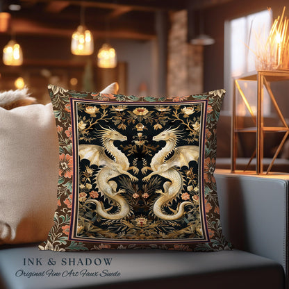 Fantasy Inspired Dragon Pillow Victorian Gothic Decor | Enchanted Medieval Dragon Lovers Light Academia Tapestry Cushion Whimsigothic Art