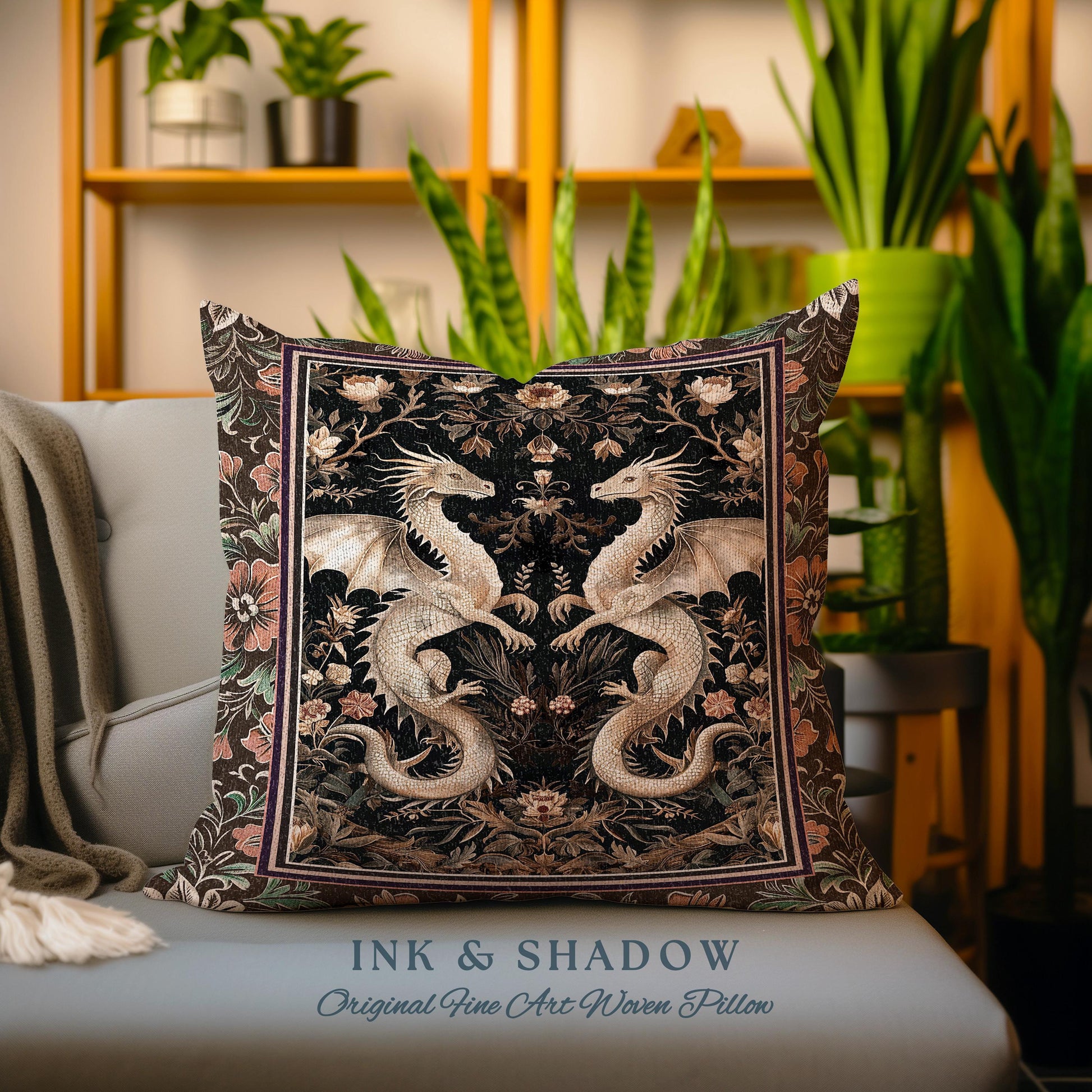 Fantasy Inspired Dragon Pillow Victorian Gothic Decor | Enchanted Medieval Dragon Lovers Light Academia Tapestry Cushion Whimsigothic Art