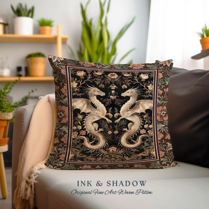 Fantasy Inspired Dragon Pillow Victorian Gothic Decor | Enchanted Medieval Dragon Lovers Light Academia Tapestry Cushion Whimsigothic Art