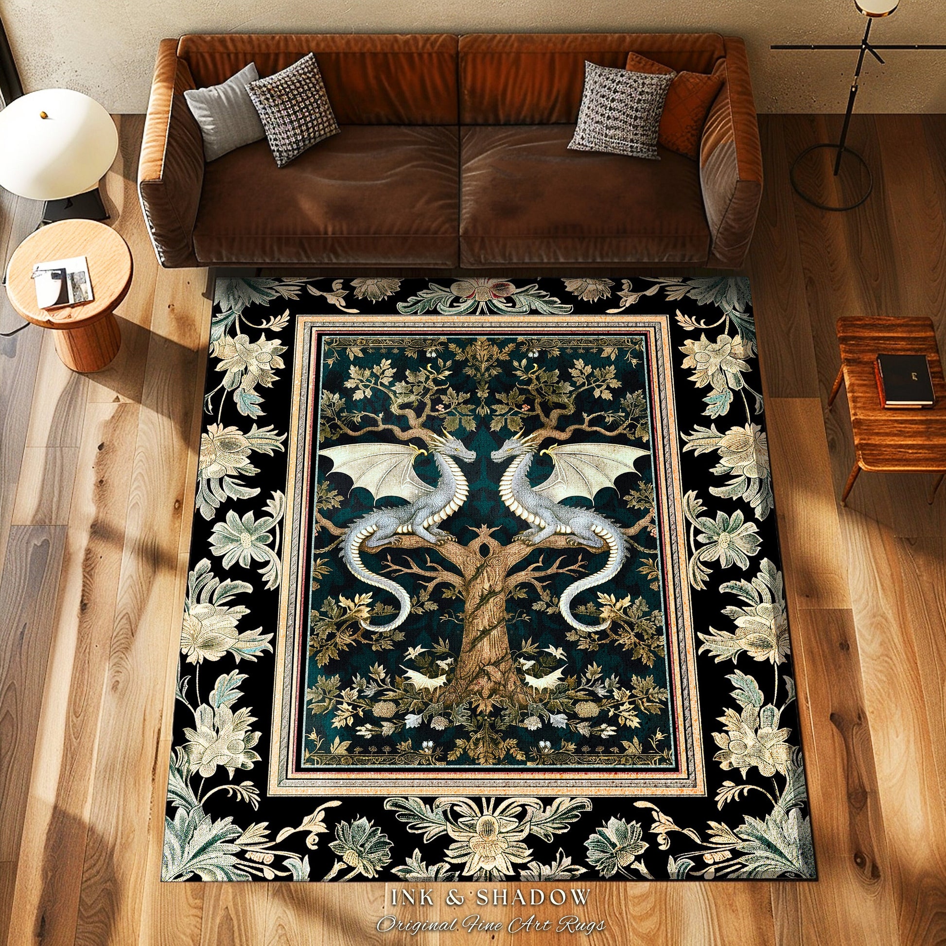 Mystical Victorian Dragon Rug Ornate Floral Art Nouveau Design, Enchanted Baroque Forest Fantasy | Medieval Gothic Cottagecore Accent Decor