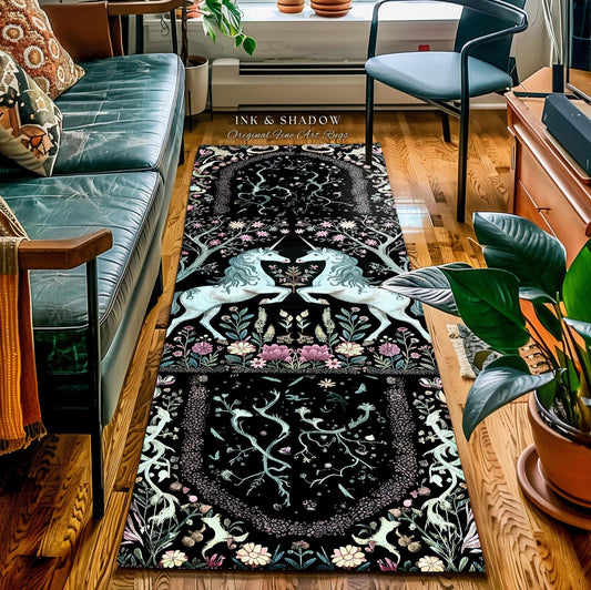 Gothic Cottage Unicorn Rug Dark Cottagecore Vintage Enchanted Aesthetic | Country Chic Floral Farmhouse Enchantment Teal Decor Accent