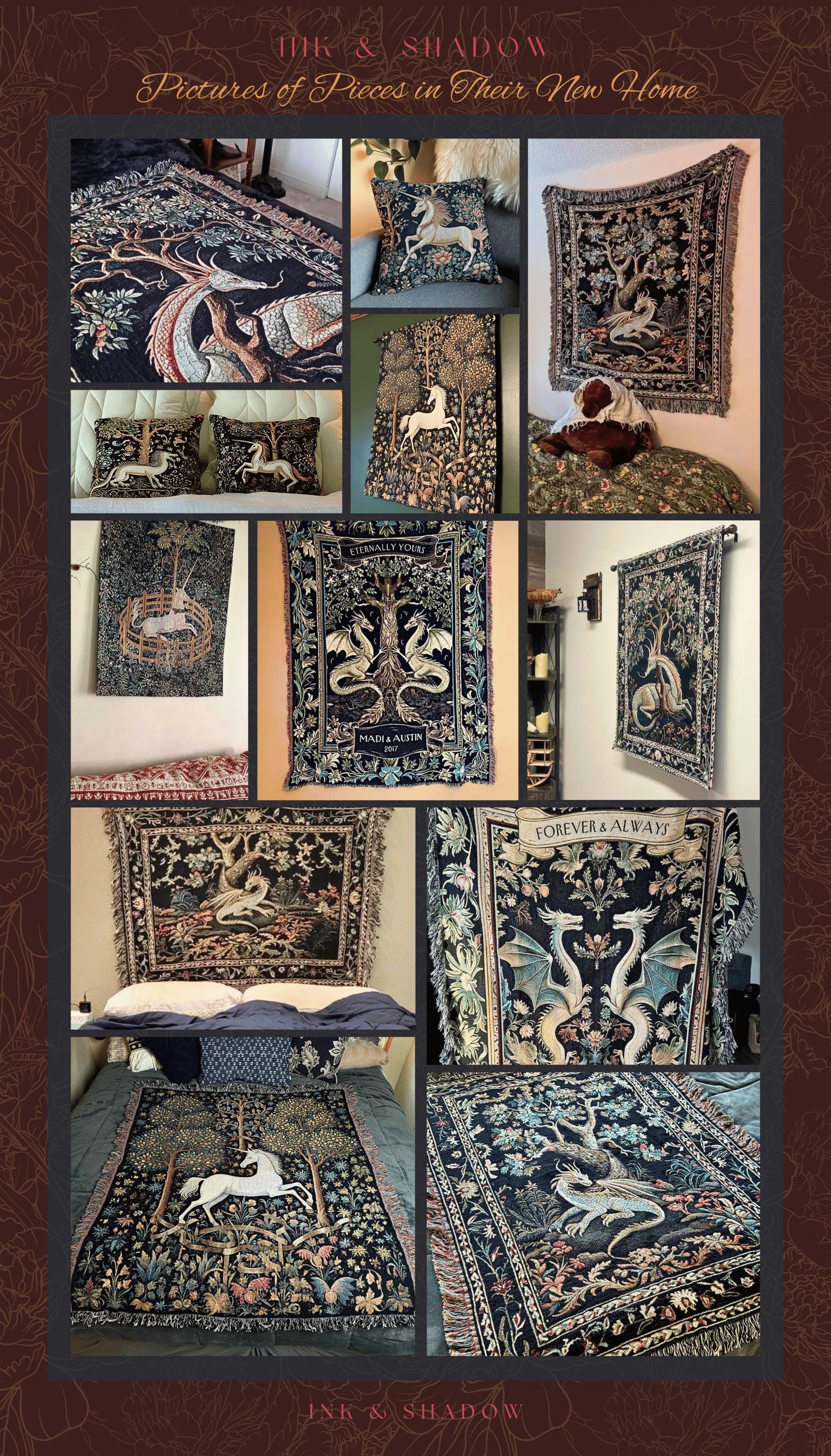 Medieval Aesthetic Lion Tapestry Throw Woodland Gothic Baroque Elegance, Dark Botanical Woven Blanket Morris Aesthetic Goth Cottagecore Art