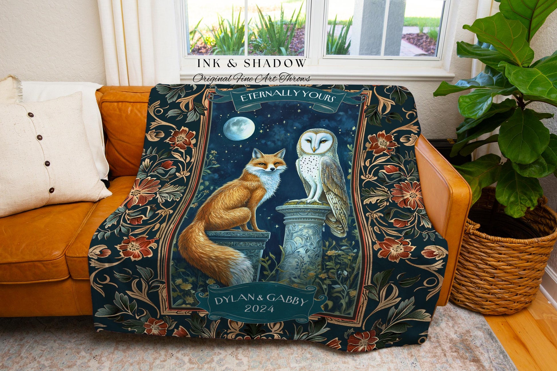 Dark Academia Couple Throw Blanket | Personalized Names Anniversary Blanket Enchanted Nature Whimsical Owl & Fox Woodland Wedding Gift Cute