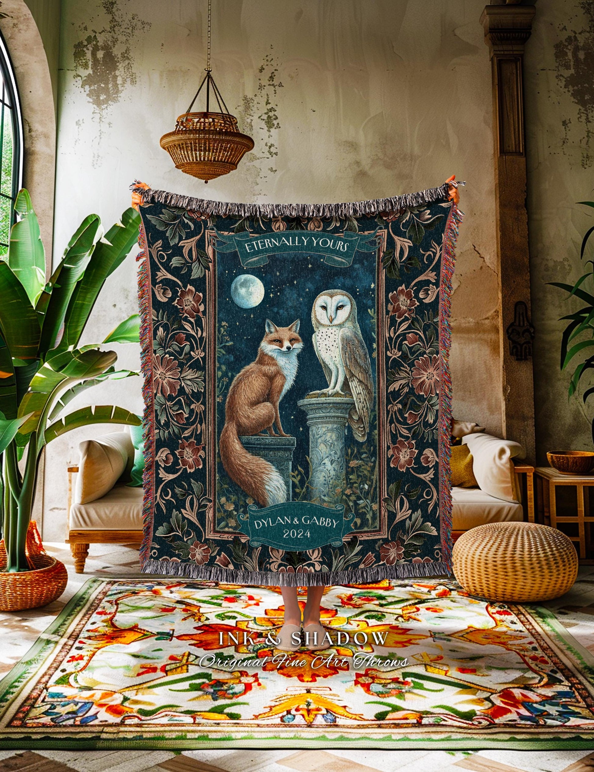 Dark Academia Couple Throw Blanket | Personalized Names Anniversary Blanket Enchanted Nature Whimsical Owl & Fox Woodland Wedding Gift Cute