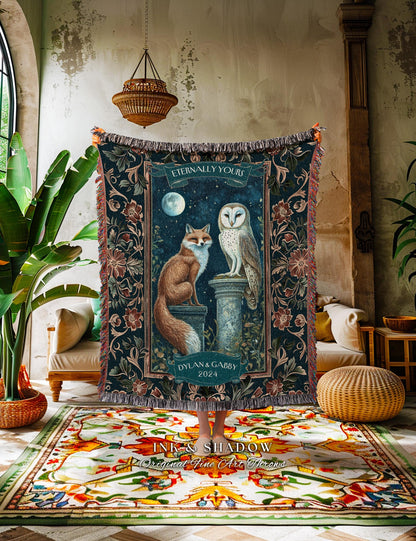 Dark Academia Couple Throw Blanket | Personalized Names Anniversary Blanket Enchanted Nature Whimsical Owl & Fox Woodland Wedding Gift Cute