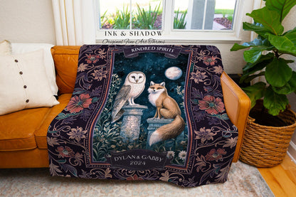 Gothic Couple Personalized Blanket | His and Her Wedding Anniversary Tapestry Enchanted Owl & Fox Woodland Valentine Gift for Witchy Couple