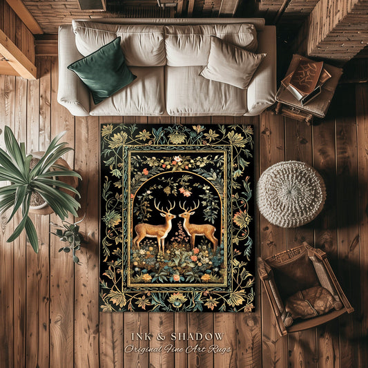 Woodland Aesthetic Deer Rug | Mystical Room Decor William Morris Inspired Cottagecore Aesthetic Fairycore Bedroom Magical Nature Inspired |