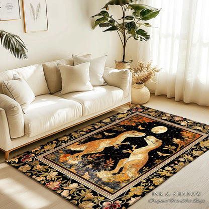 Regal Dinosaur Lovers Rug Antique Gold Baroque Botanical Moonlit Night Decor | Dark Academia Celestial T-Rex Art Ornate Whimsigothic Accent