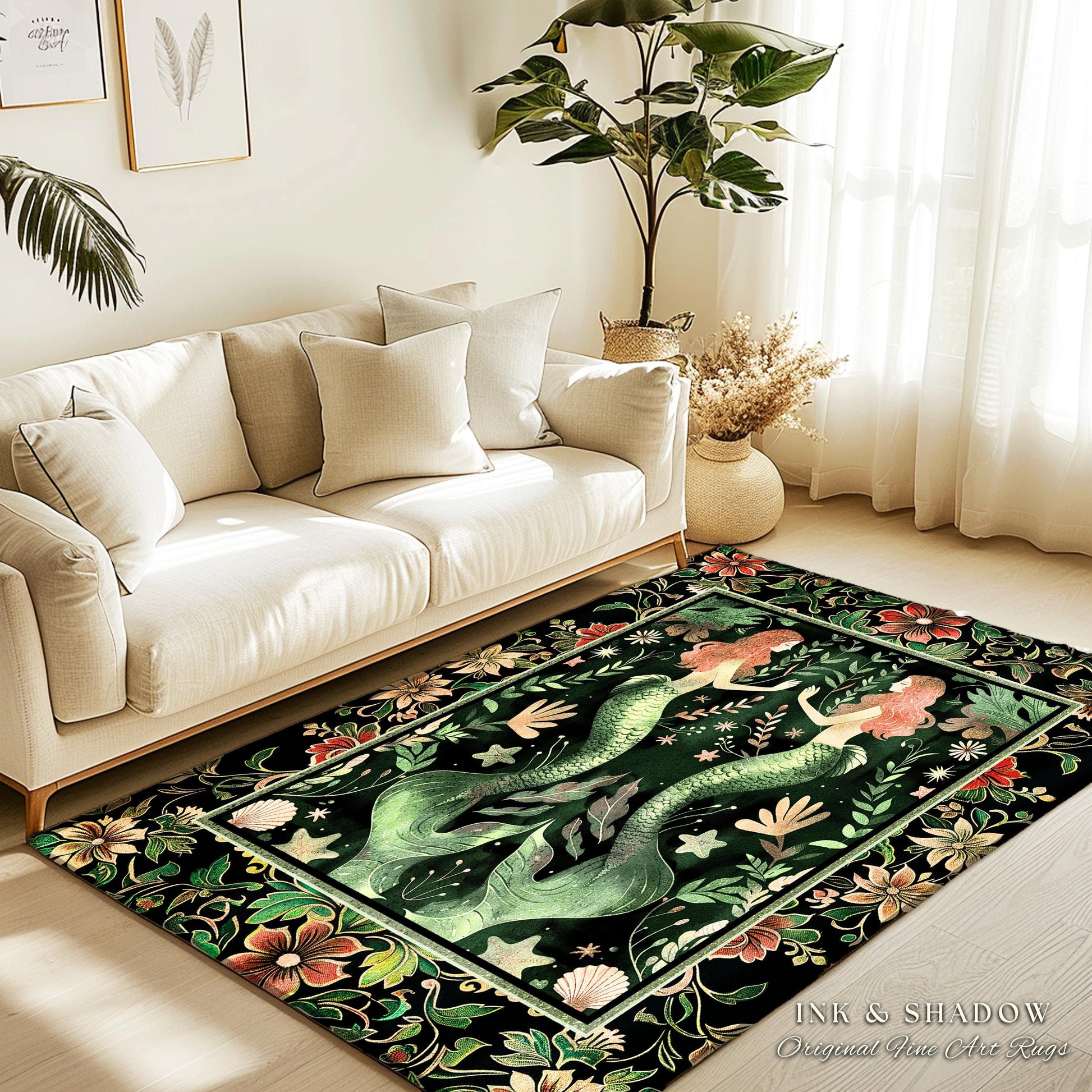 Enchanted Ocean Mermaid Floral Sea Life Rug Vintage Emerald Green Ocean Decor, Whimsical Coastal Cottagecore Art Nouveau Underwater Fantasy