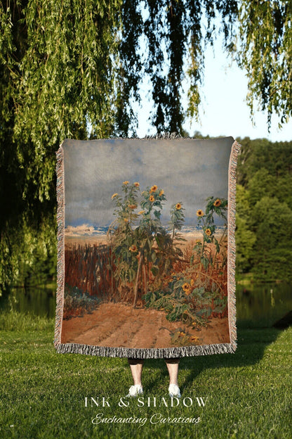 Sunflower Painting Tapestry Woven | Vintage Art Woven Blanket | Sunflower Aesthetic Tapestry Woven | Bookish Room Decor Aesthetic Blanket |