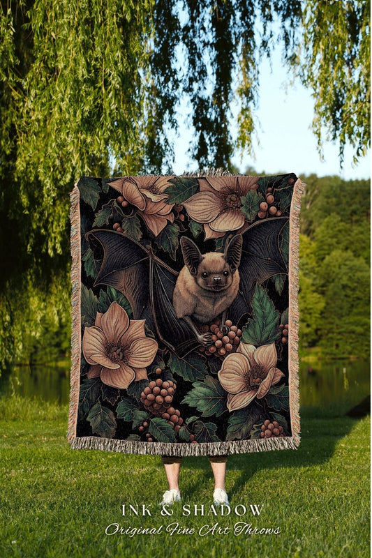 Floral Bat Dark Botanical Throw | Woven Blanket Woodland Wall Art Gothic Bedroom Decor Astrology Bat Wall Hanging Tapestry Whimsigoth Witchy