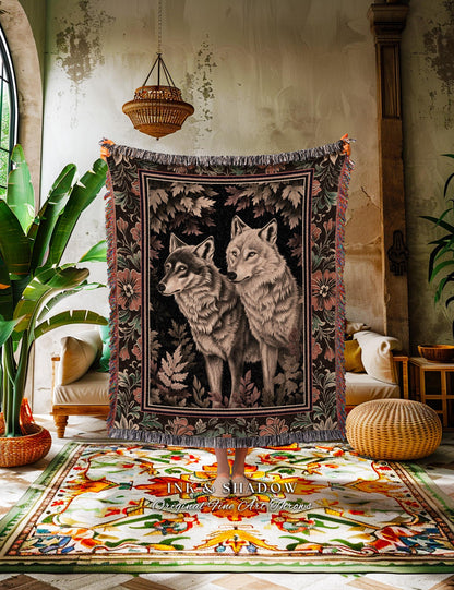 Victorian Gothic Wolf Blanket Dark Enchanted Forest Antique Baroque Decor, Whimsical Woodland Wolves Art Medieval Cottagecore Tapestry Throw