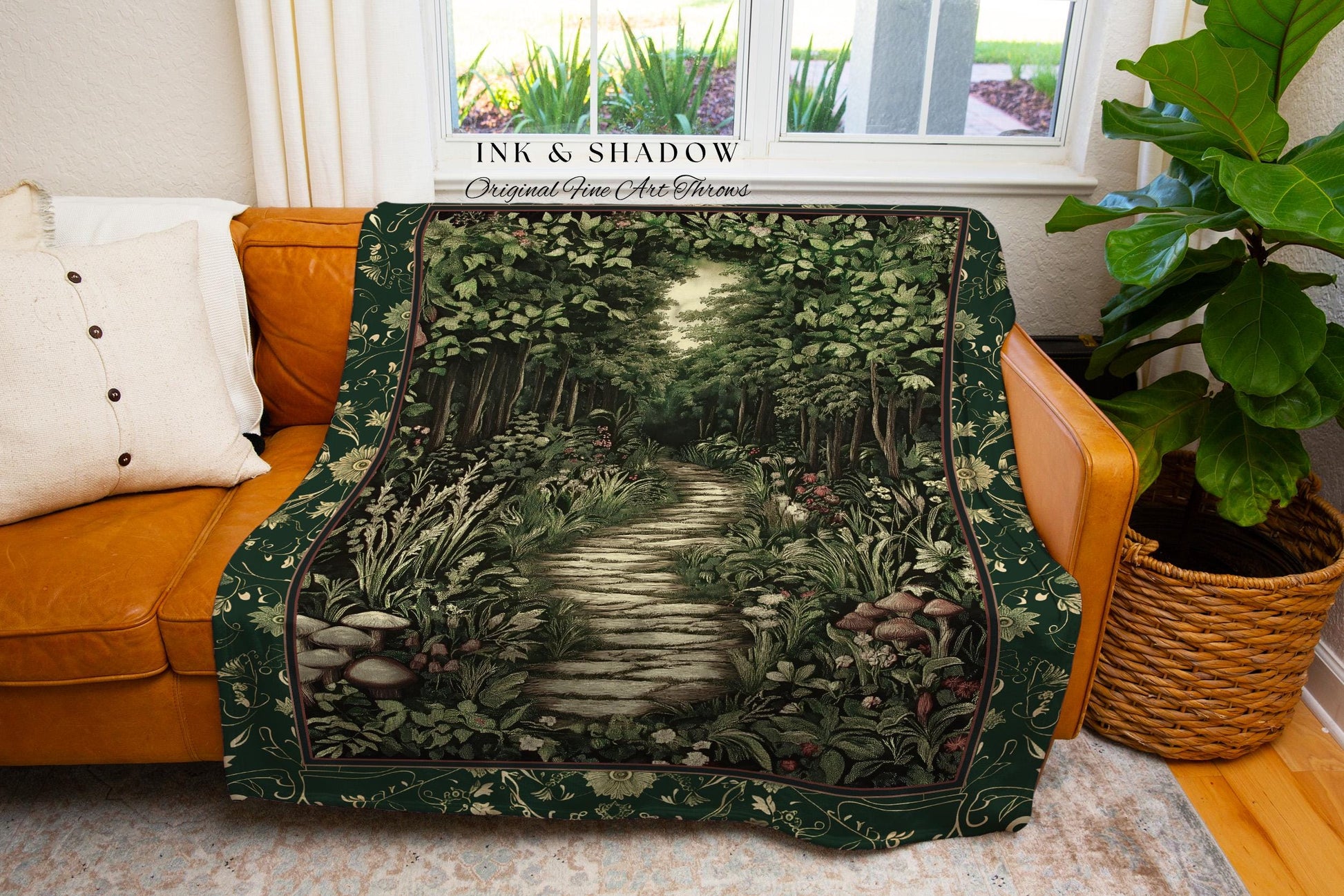 Ethereal Woodland Meadow Tapestry | Dark Academia Folklore Fairy Core Aesthetic Blanket Magical Bedroom Emerald Green Home Decor Botanical