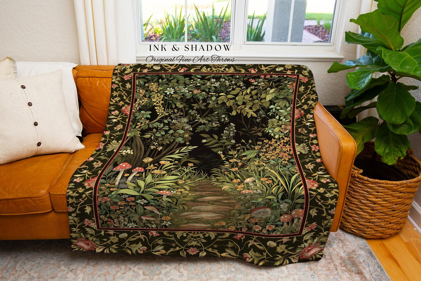 Toadstool Forest Mystical Mushroom Blanket | Dark Academia Folklore Forest Inspired Fairycore Botanical Aesthetic Tapestry Magical Medieval