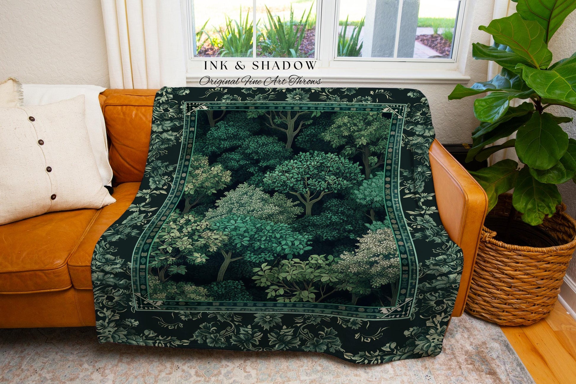 Verdant Greenery Botanical Woven Coverlet | Woodland Magical Aesthetic Living Room Green Tapestry Plant Loving Bedroom Blanket Gift Emerald