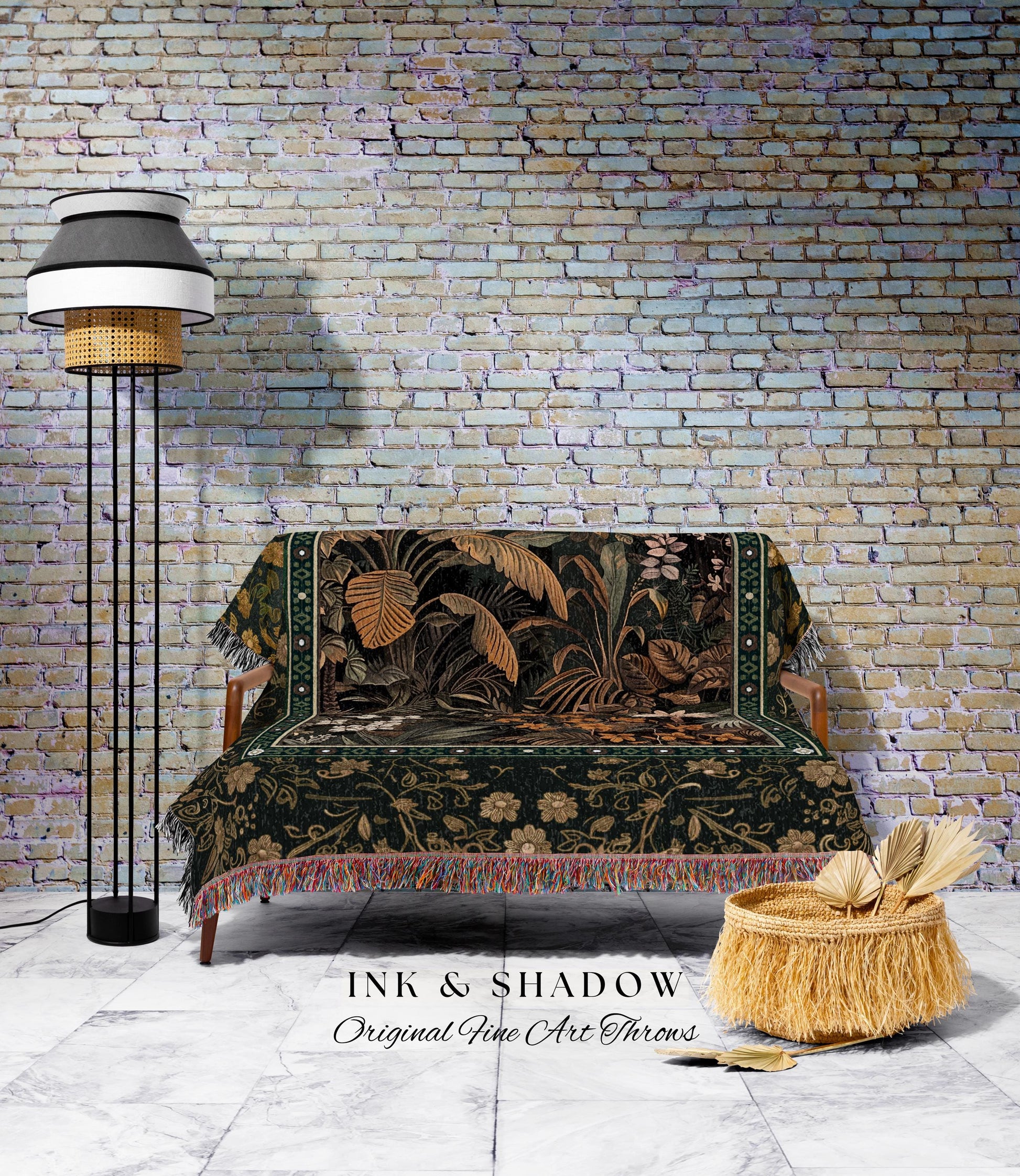 Whimsical Botanical Jungle Woven Tapestry, Forest Aesthetic Woodland Living Room Mystical Home Decor Plant Themed Ethereal Book Nook Blanket