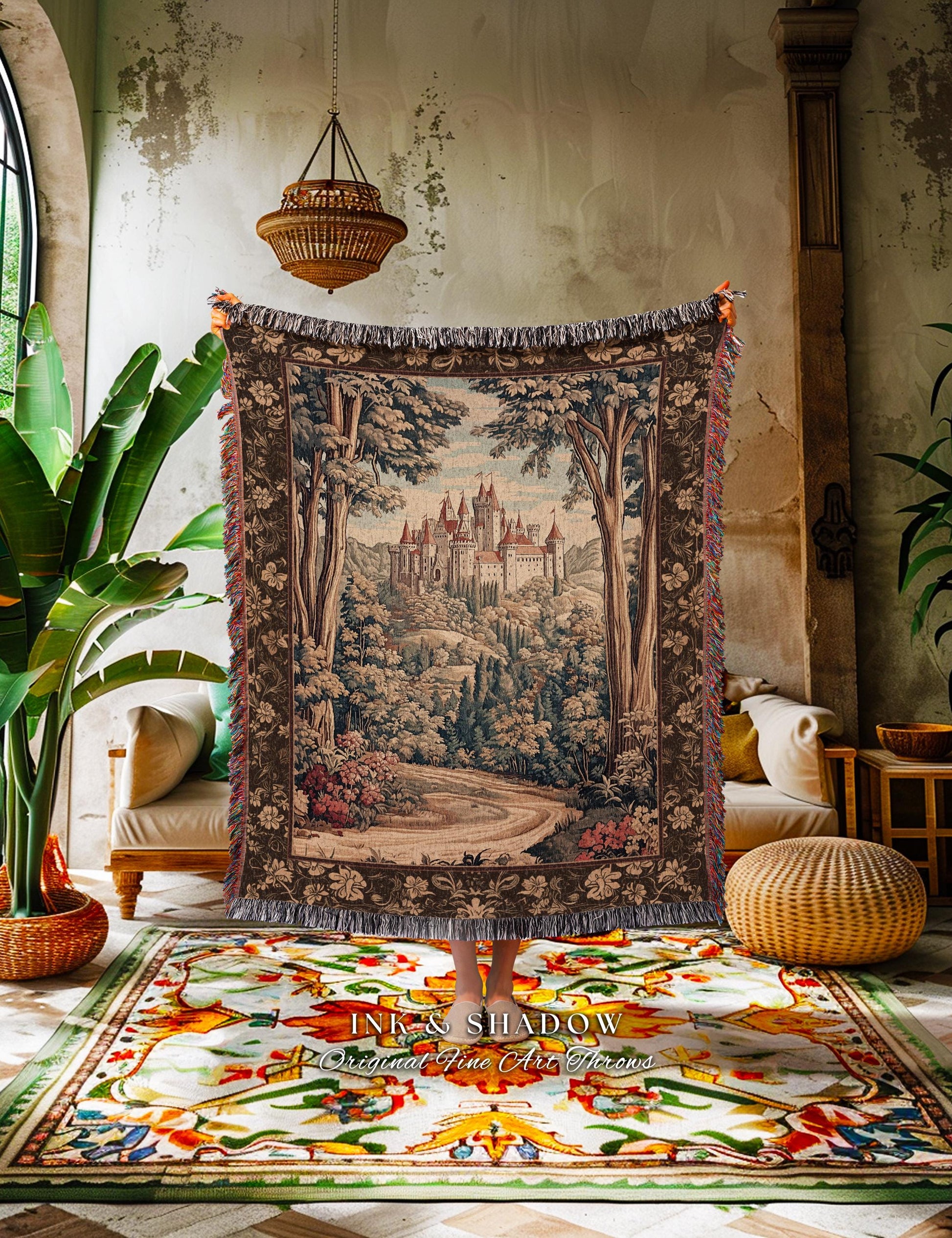 Book Nook Fairytale Castle Tapestry Throw, Woodland Fairycore Bohemian Folklore Aesthetic Magical Landscape Forestcore Dark Academia Blanket